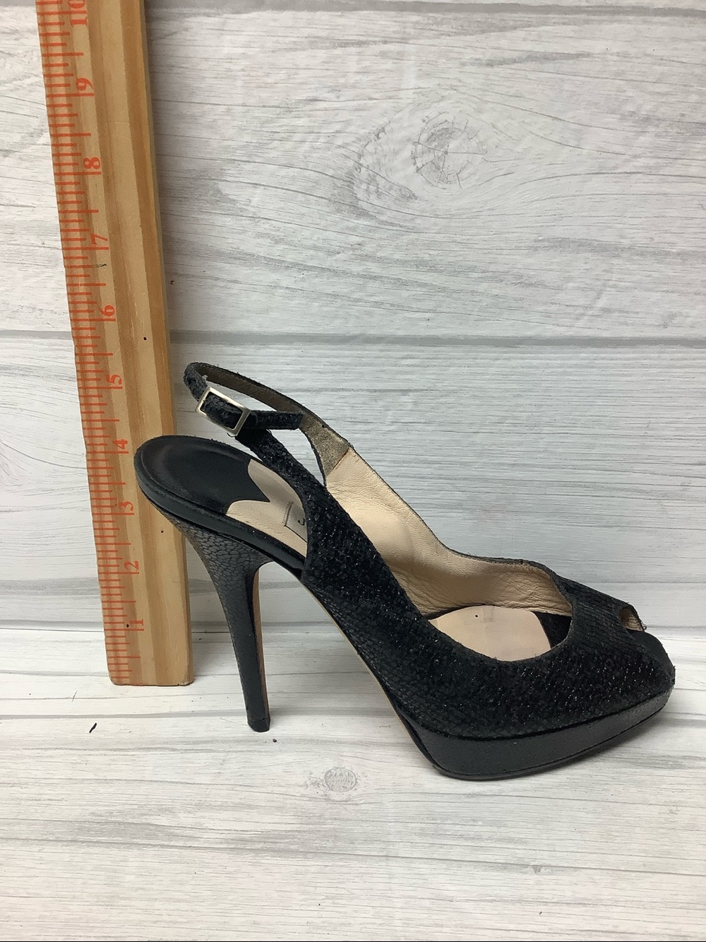 Jimmy Choo Black Glitter Peep-Toe Slingback Heels - Picture 9 of 10